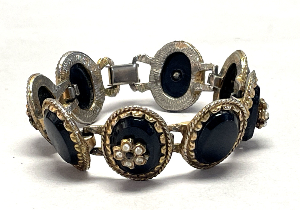 Vintage Etruscan Revival Panel Bracelet Black Onyx Seed Pearl Flowers Gold Tone